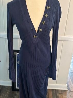 EUC FREE PEOPLE BEACH Navy Ribbed V-Neck Button-Detail Women's Dress